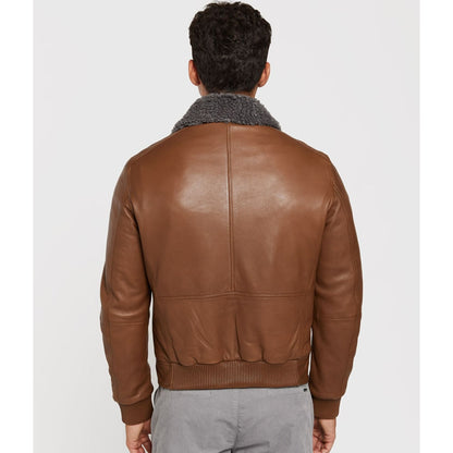 Leather aviator jacket with detachable recycled fur