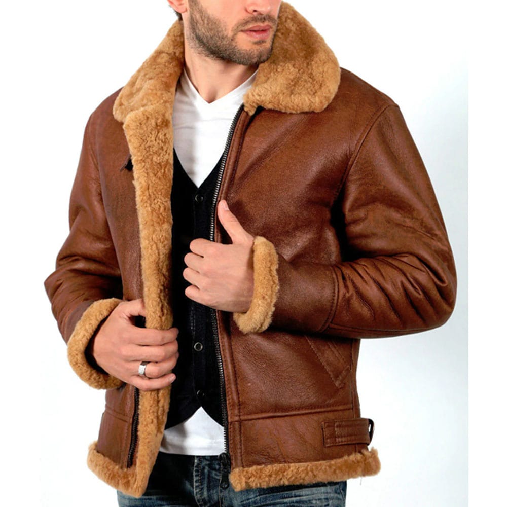 Men's Brown Aviator Genuine Shearling Leather Bomber Jacket