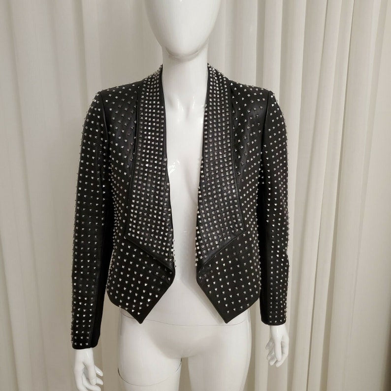 Women Black Leather Studded Jacket Gothic Rock Punk Leather Jacket