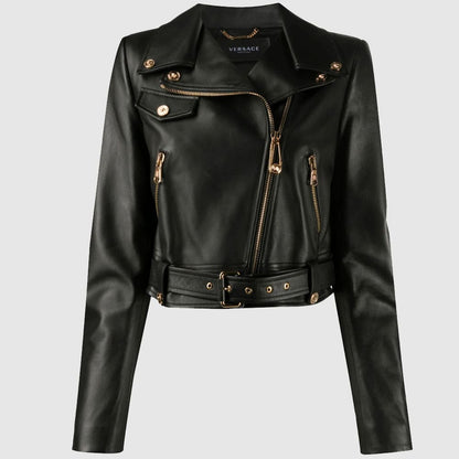 Versace Zipped Leather Cropped Biker Jacket Fashion Jacket