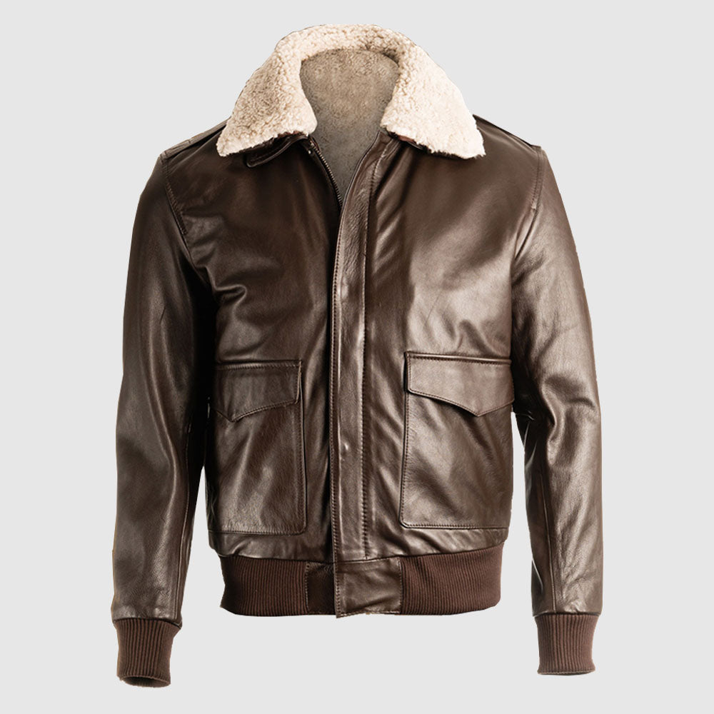 Men Brown Pilot Bomber Shearling Jacket