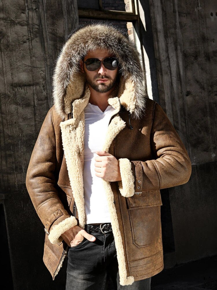 Mens Shearling Coat Long Hooded Genuine Leather Clothes Overcoat