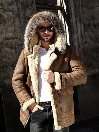 Mens Shearling Coat Long Hooded Genuine Leather Clothes Overcoat