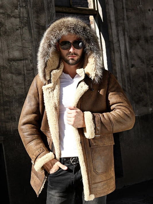 Mens Shearling Coat Long Hooded Genuine Leather Clothes Overcoat