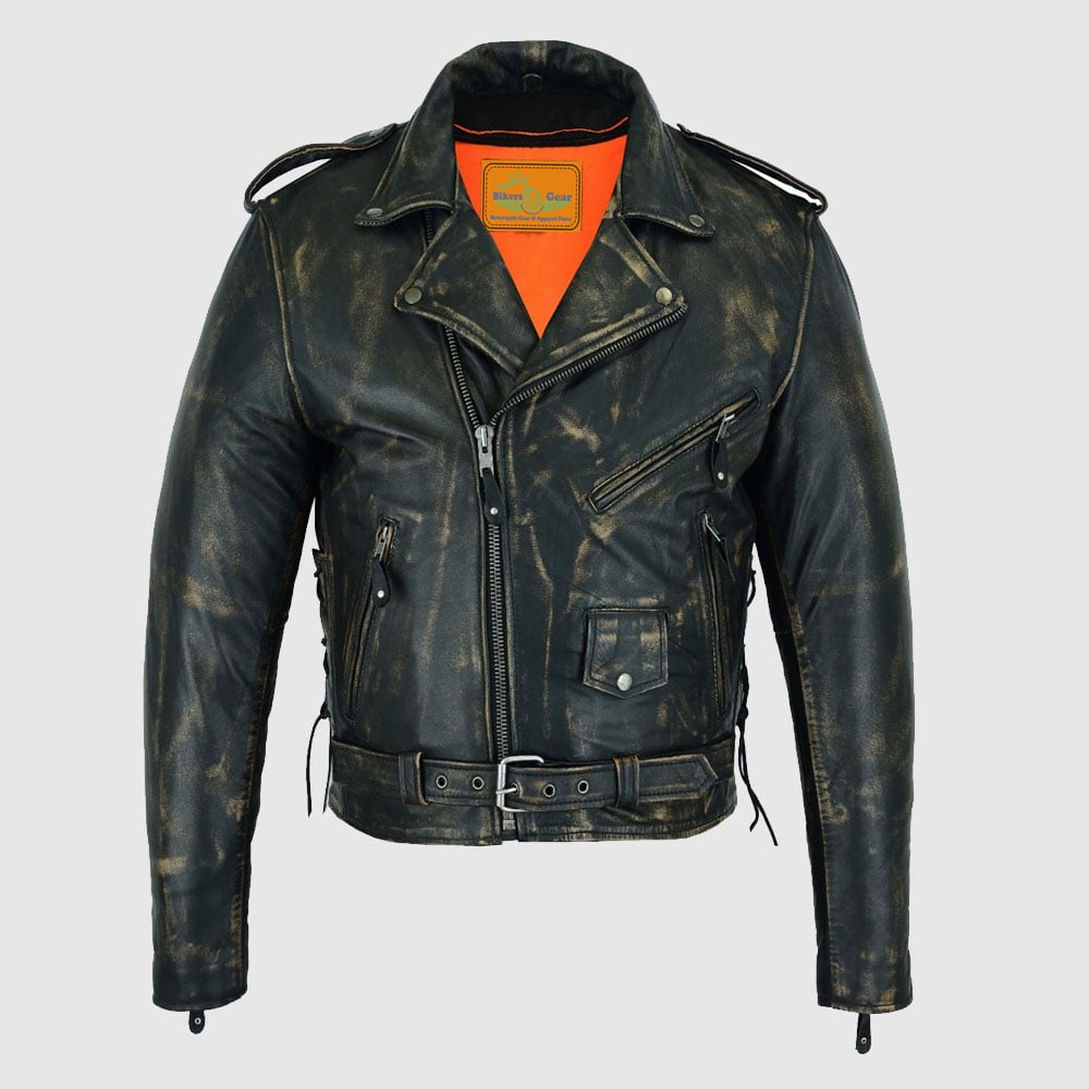 Distressed Men’s Brown Motorcycle Leather Jacket with Gun Pockets