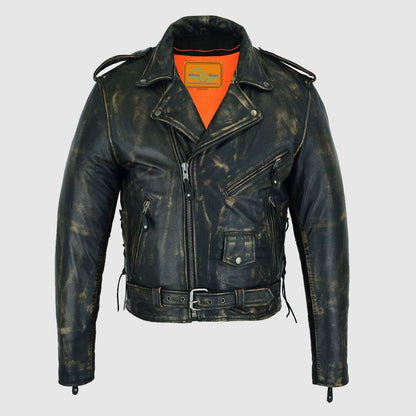 Distressed Men’s Brown Motorcycle Leather Jacket with Gun Pockets
