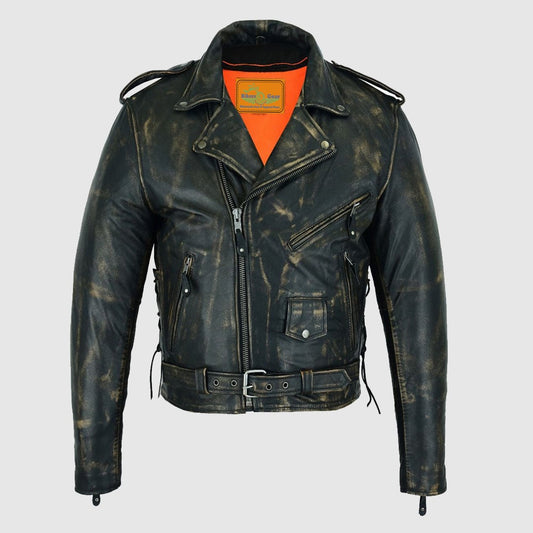 Distressed Men’s Brown Motorcycle Leather Jacket with Gun Pockets