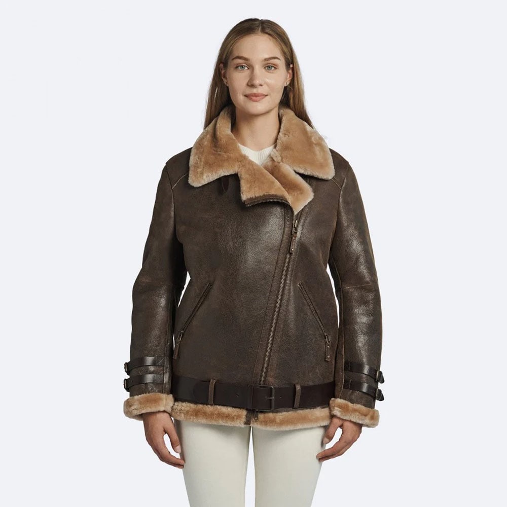 Women's Oversized Brown Shearling Leather Jacket