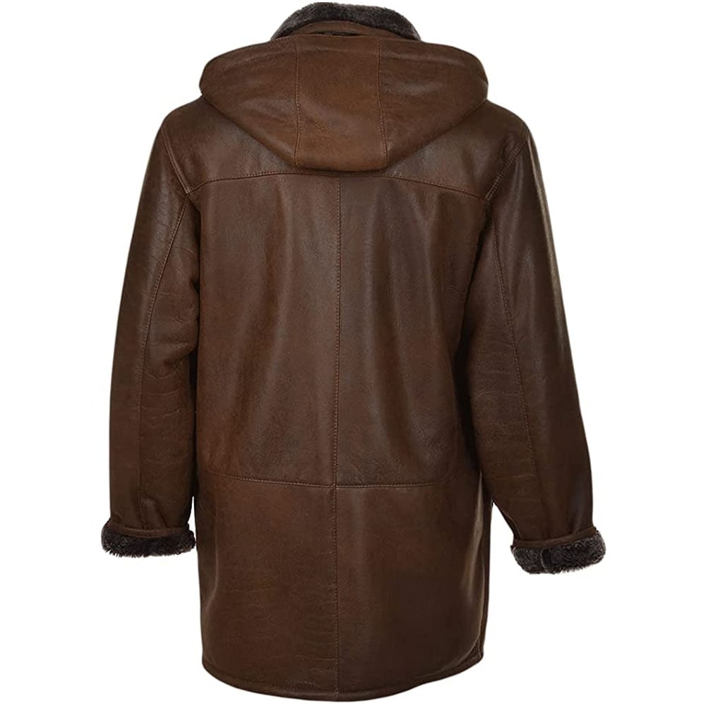 Mens Genuine Sheepskin Leather Detachable Shearling Hood Trench Coat Jacket