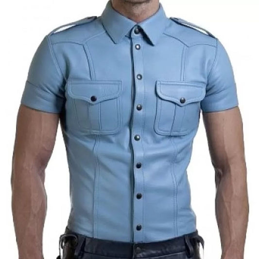 Mens Very Hot Genuine Blue Leather Shirt