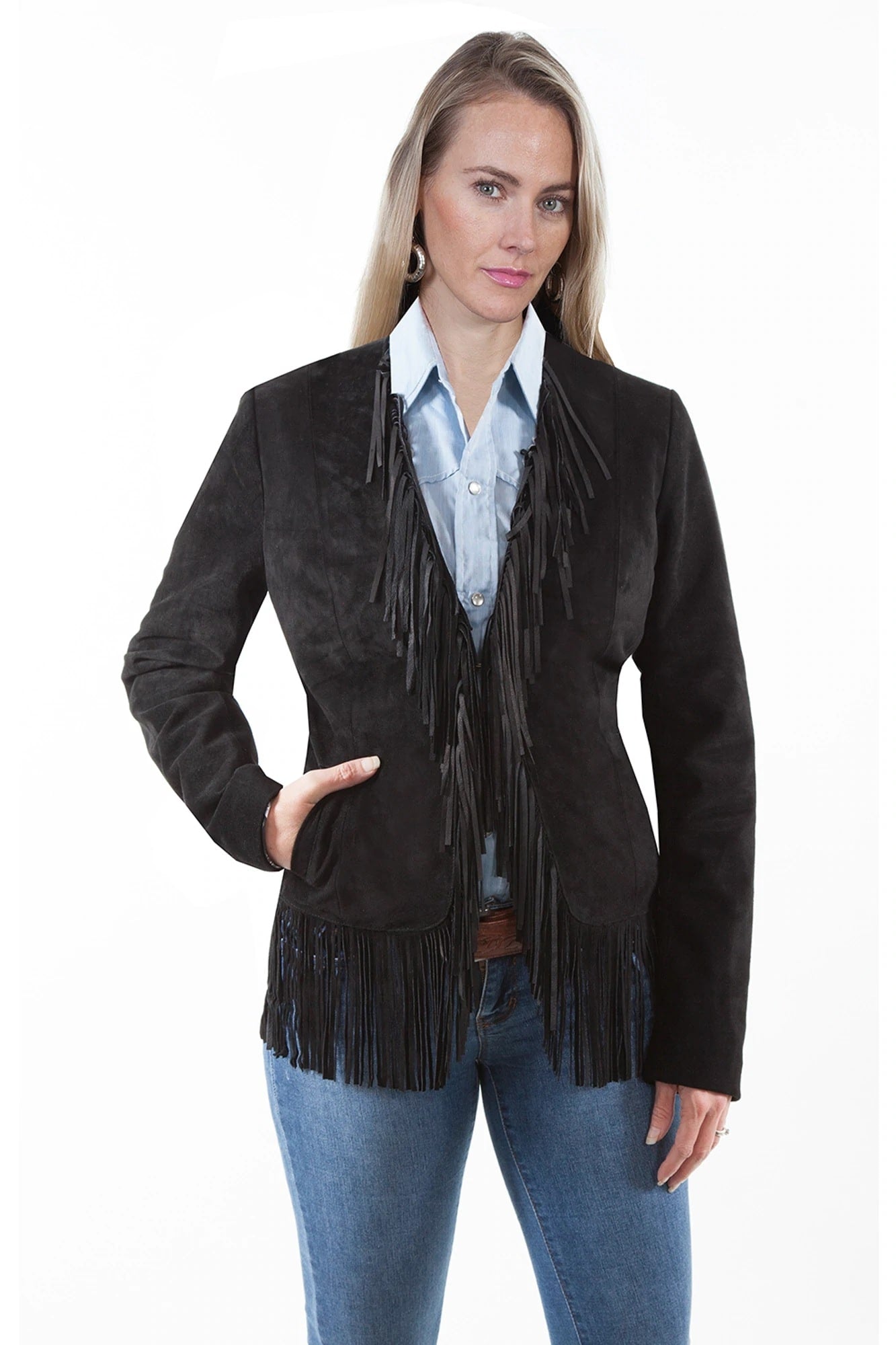 Womens Black Suede Boar Fringe Jacket