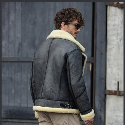 Men's Shearling Jacket Lapel Collar Sheepskin Coat