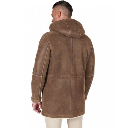 Shearling lamb coat in taupe color with detachable hood
