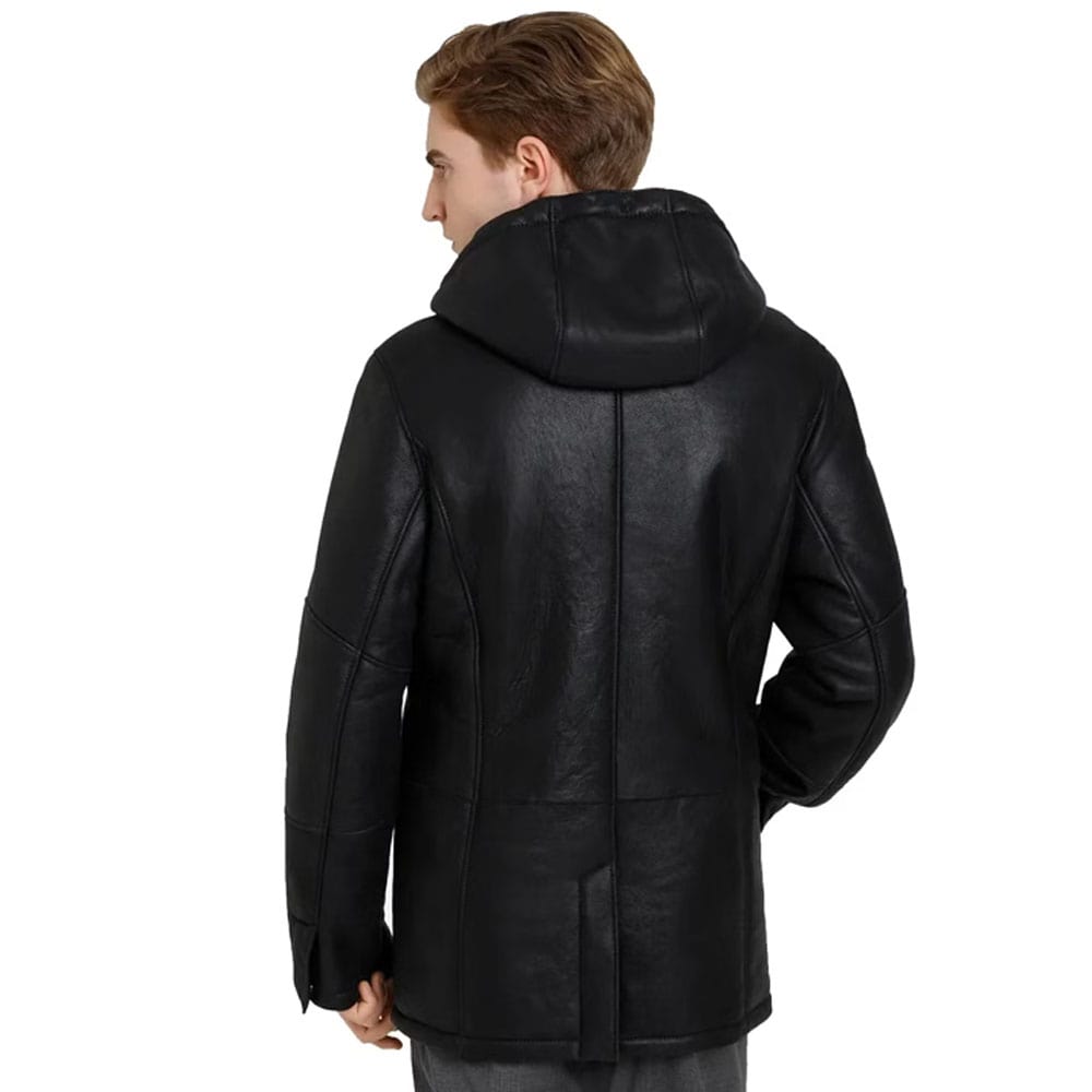 Roger Souteyrand Black Shearling Coat with Classical Hoodie