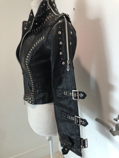 Women Multi Color Rhinestones Studded Leather Jacket