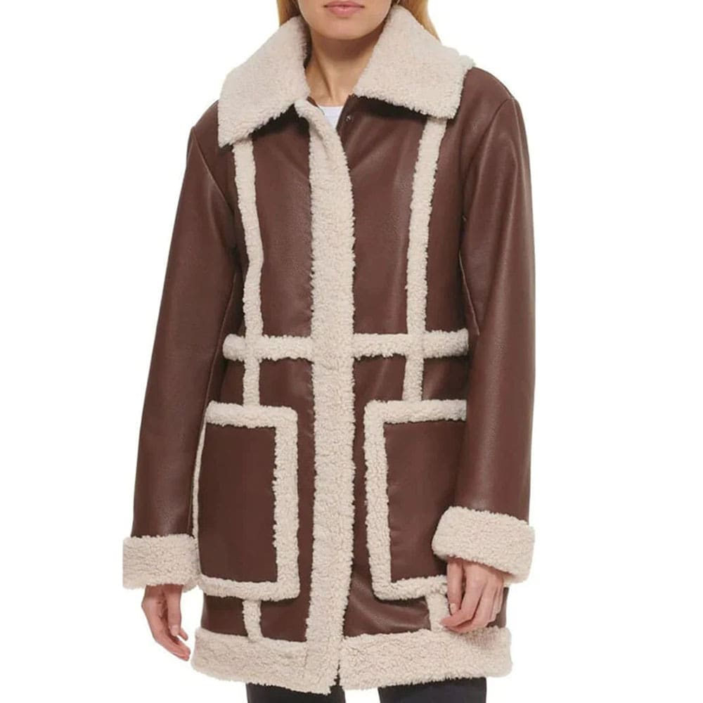 Women Brown Vintage RAF Aviator Flight Shearling Long Fur Sherpa Line Coat