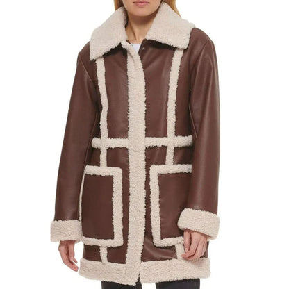 Women Brown Vintage RAF Aviator Flight Shearling Long Fur Sherpa Line Coat