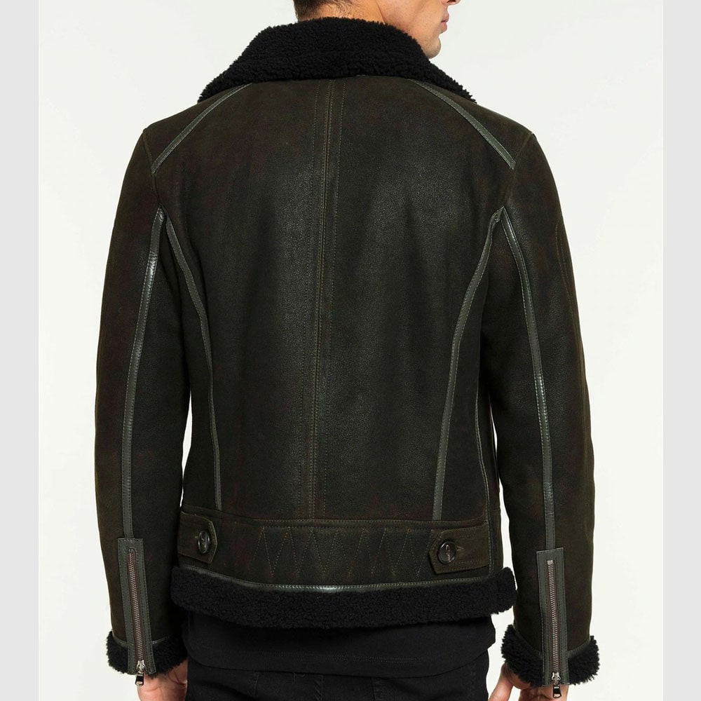 Men Aviator Dark Green & Black Shearling Jacket