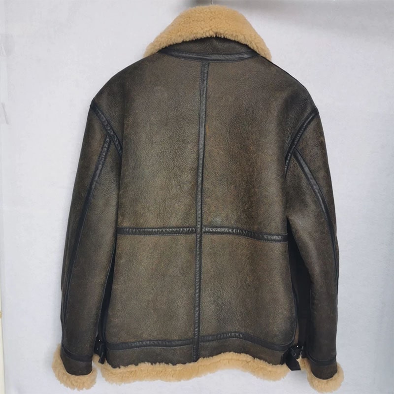 Thick Brown Cracking Leather Shearling Coat Men