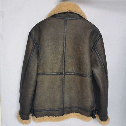 Thick Brown Cracking Leather Shearling Coat Men