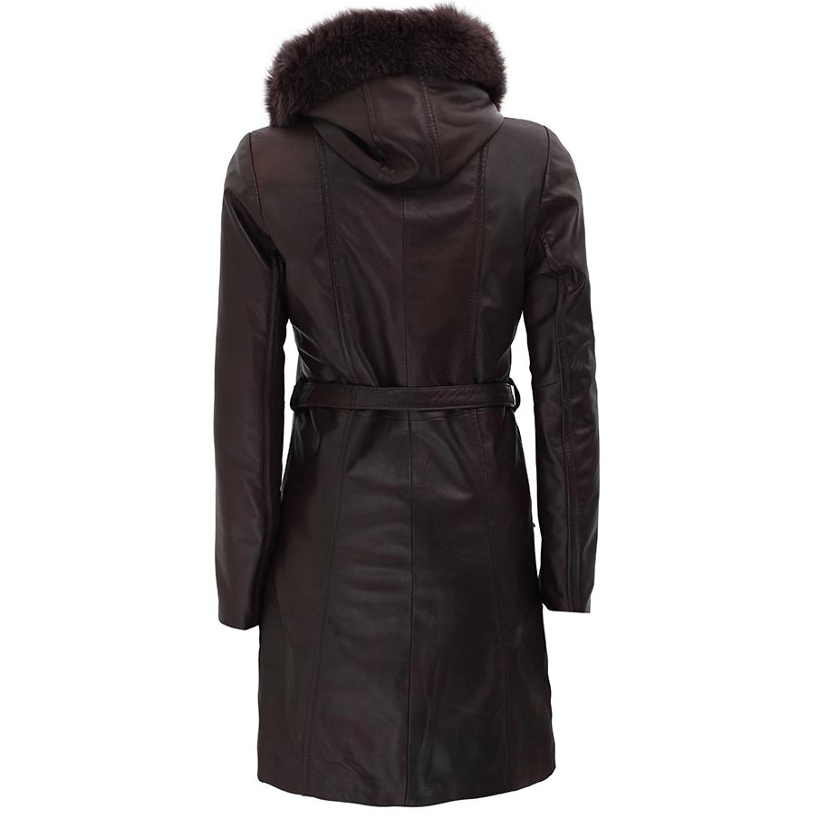 Hooded Womens Leather Dark Brown Faux Shearling Coat