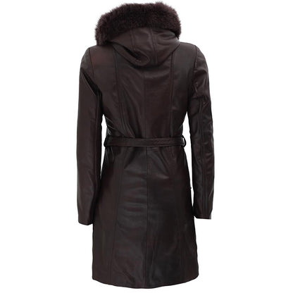 Hooded Womens Leather Dark Brown Faux Shearling Coat
