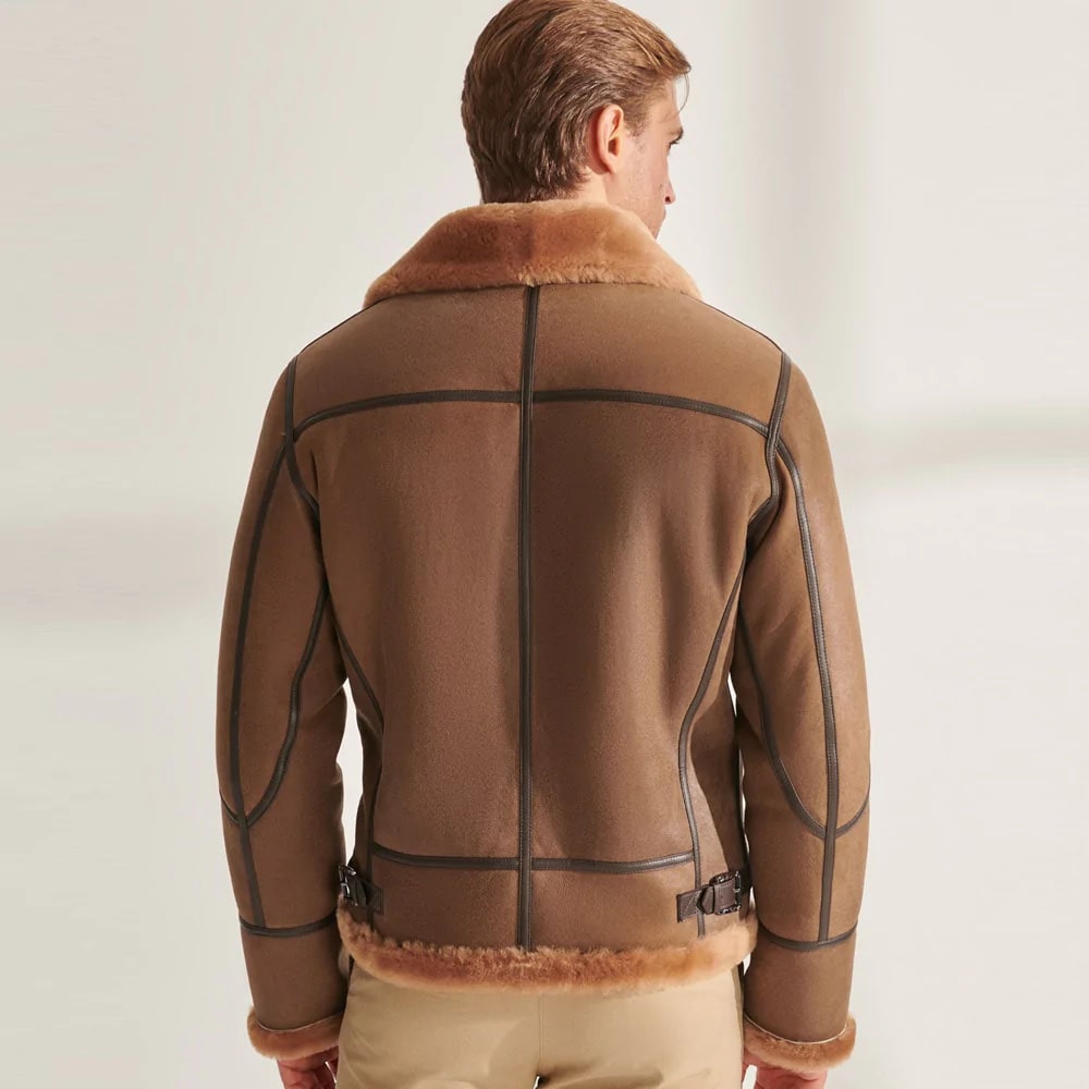 Men Camel Brown B3 Shearling Pilot Aviator Leather Jacket