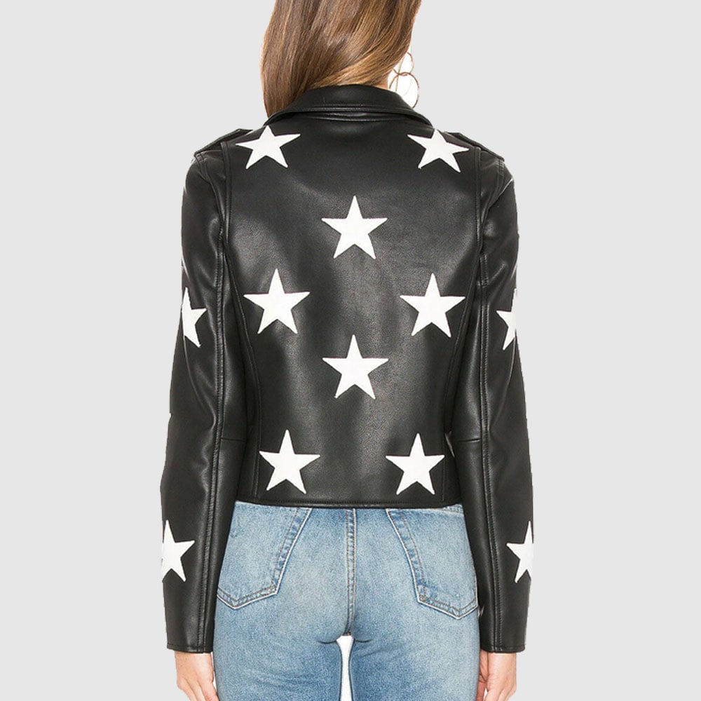 Womens Star Vegan Black Biker Womens Short Motorcycle Leather Jacket