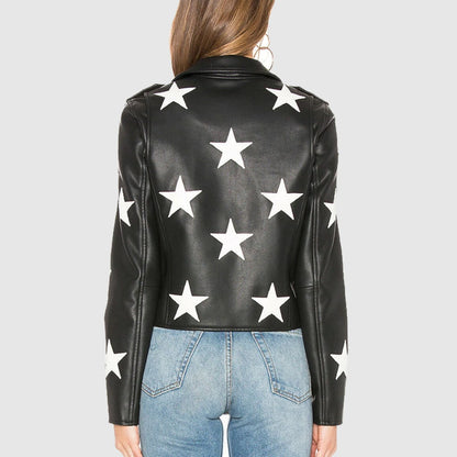 Womens Star Vegan Black Biker Womens Short Motorcycle Leather Jacket