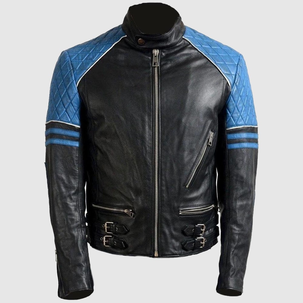 Men Blue Black Motorbike Leather Jacket