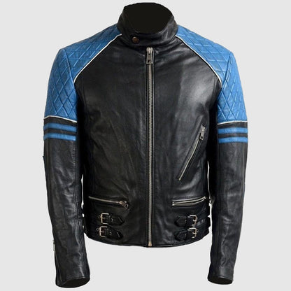 Men Blue Black Motorbike Leather Jacket