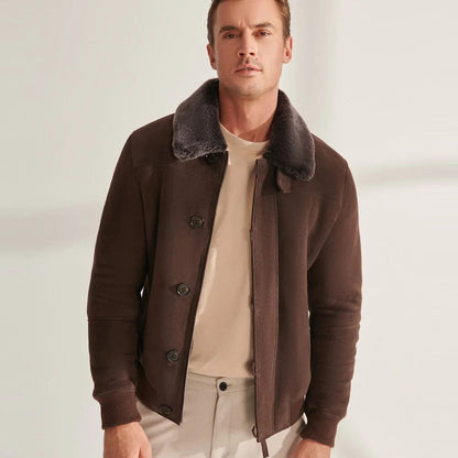 Men Brown Shearling Aviator Leather Bomber Jacket
