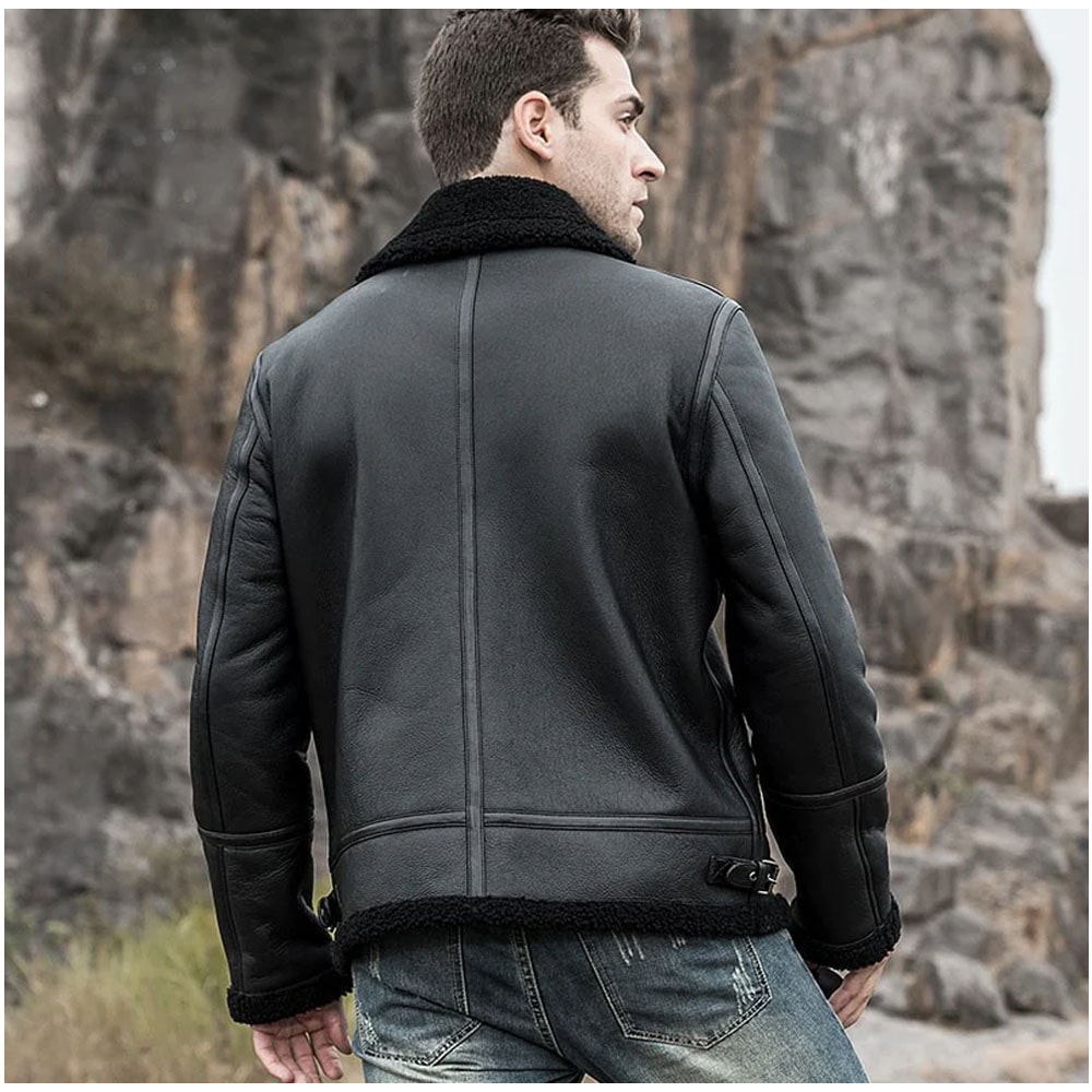 Men’s Shearling Leather Coat with Turn-Down Collar Winter Warm Jacket