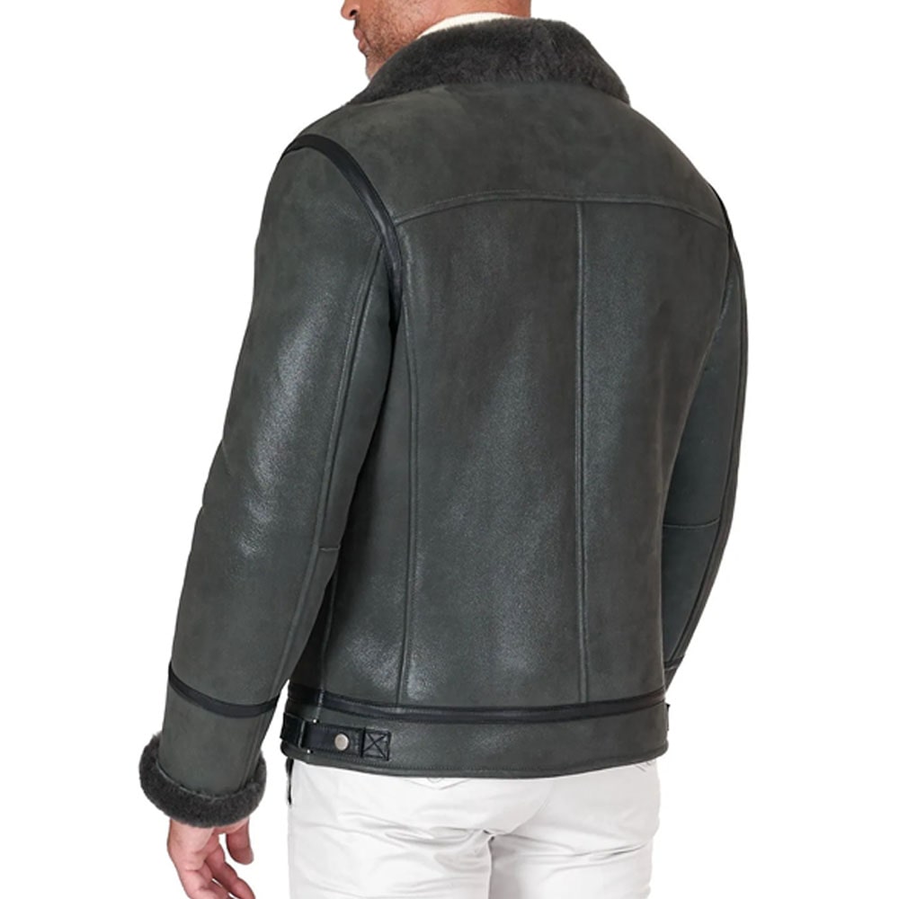 Grey Shearling biker jacket with cross zipper