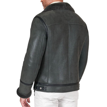 Grey Shearling biker jacket with cross zipper