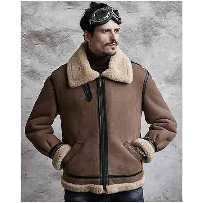 Mens Brown B3 Airforce Flight Sheepskin Shearling Leather Jacket Fur Coat