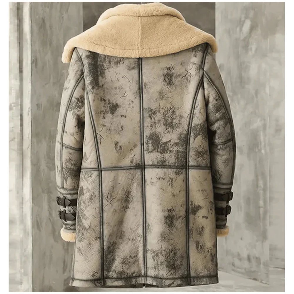 Mens Shearling Sheepskin Leather Long Coat with Hood