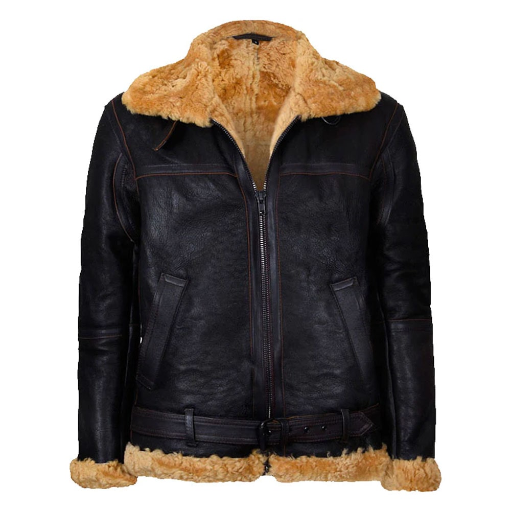 Mens Flying Brown Vintage Real Leather Jacket With Fur