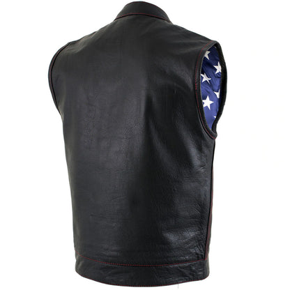 Men's 'Old Glory' Leather Vest with Red Stitching and USA Inside Flag Lining