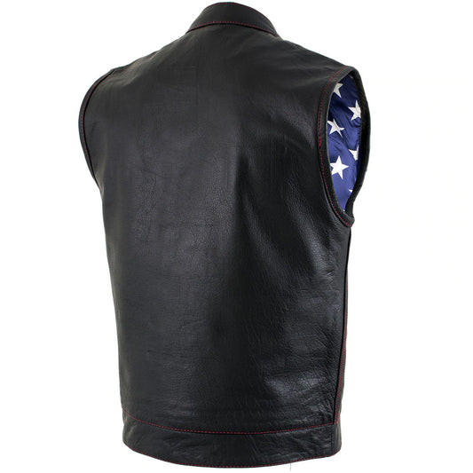 Men's 'Old Glory' Leather Vest with Red Stitching and USA Inside Flag Lining