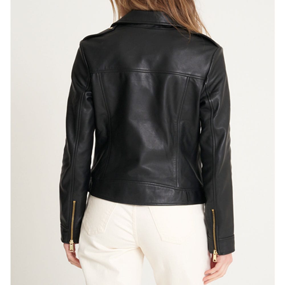 Women’s Gold Trim Leather Biker Jacket – Samie