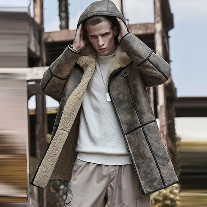 Men's B7 Hooded RAF Aviator Sheepskin Flying Fur Shearling Jacket Coat