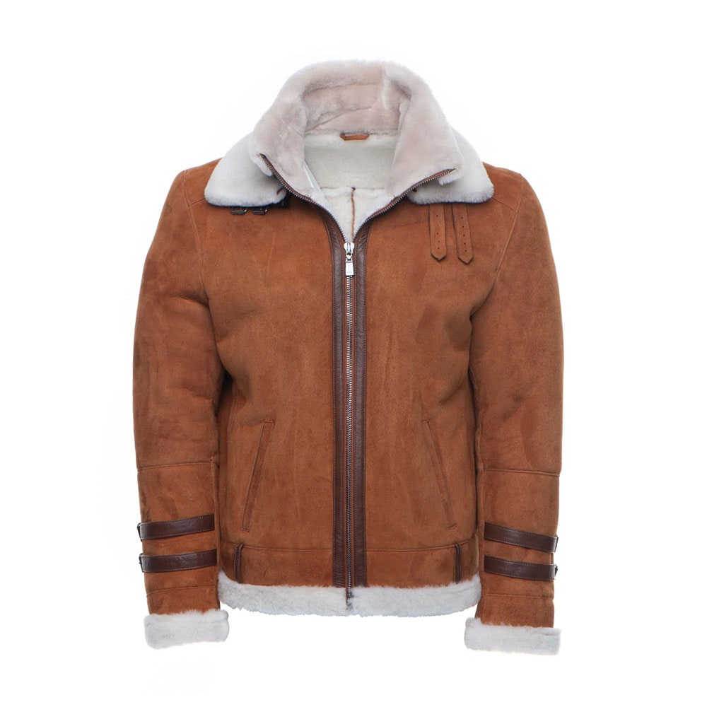Hagan's Tan Aviator Bomber Suede Shearling Jacket
