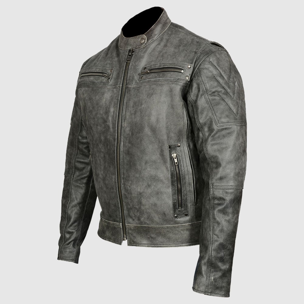 Men's Distressed Gray Premium Cowhide Vented and Padded Biker Scooter Jacket