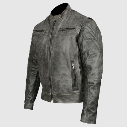 Men's Distressed Gray Premium Cowhide Vented and Padded Biker Scooter Jacket