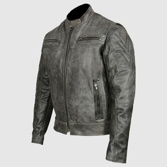 Men's Distressed Gray Premium Cowhide Vented and Padded Biker Scooter Jacket
