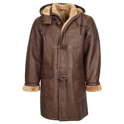 Mens Brown Ginger Shearling Sheepskin Duffle Coat