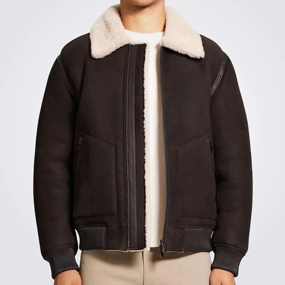 Dark Brown Shearling Lined Bomber Jacket For Men