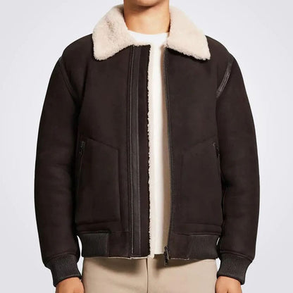 Dark Brown Shearling Lined Bomber Jacket For Men