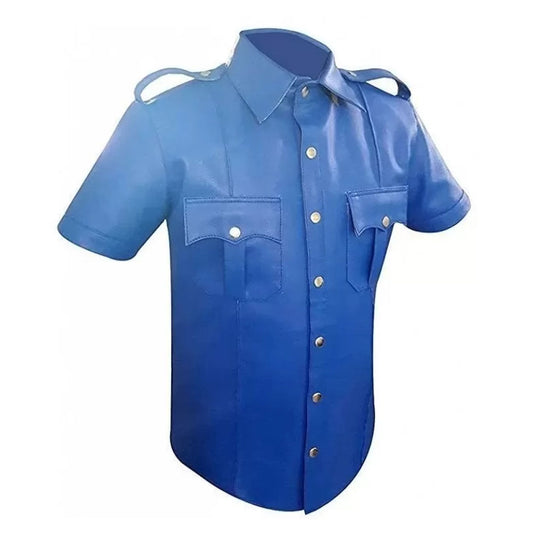 Mens Very Hot Genuine Electric Blue Leather Shirt